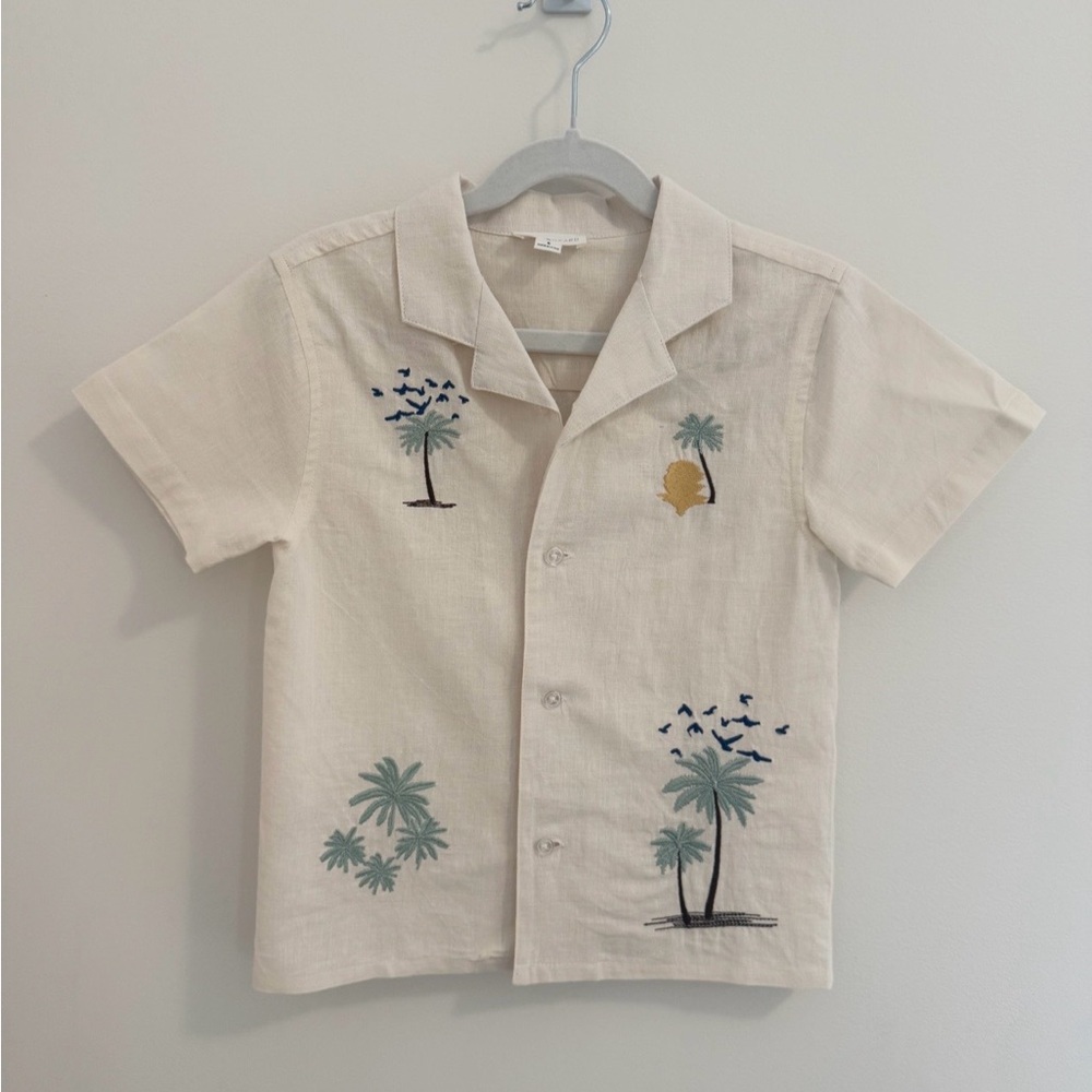 Kids Cream Short-Sleeve Button-Down Shirt with Palm Embroidery